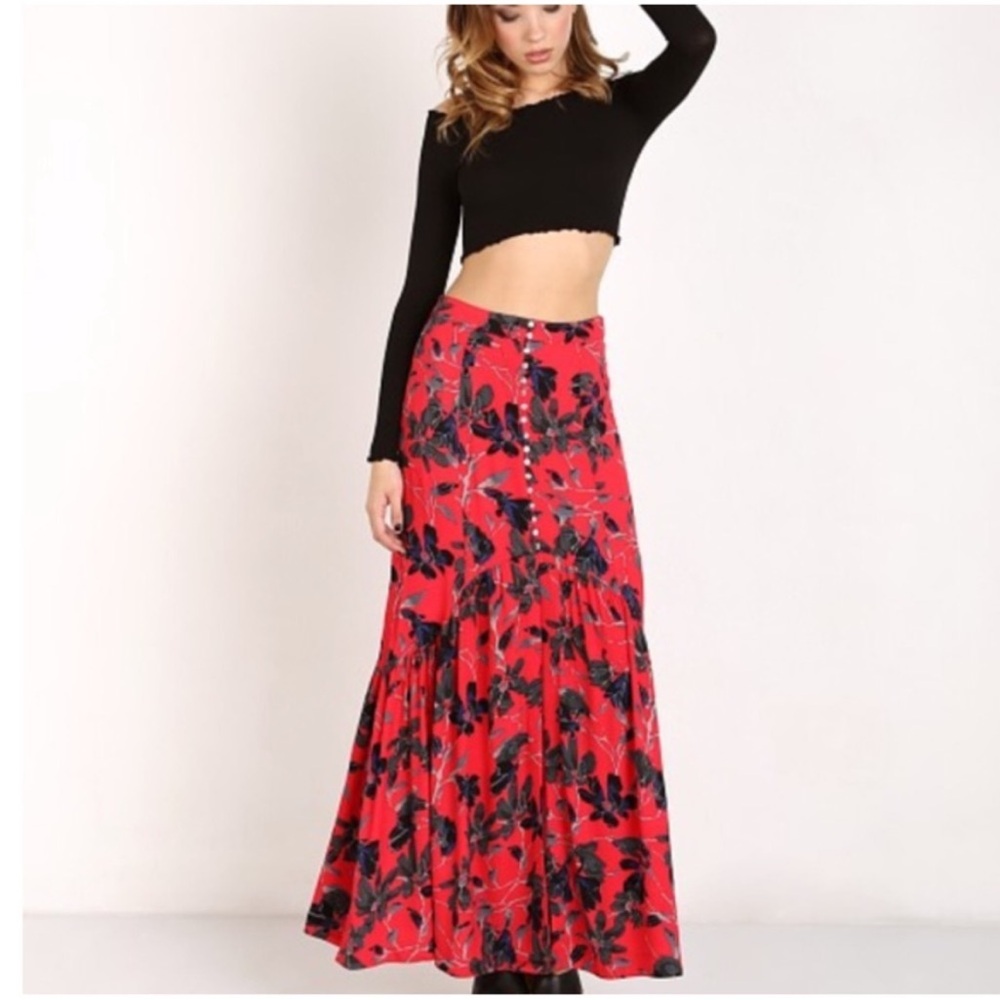 Free People Smooth Sailing Red Floral Maxi Skirt